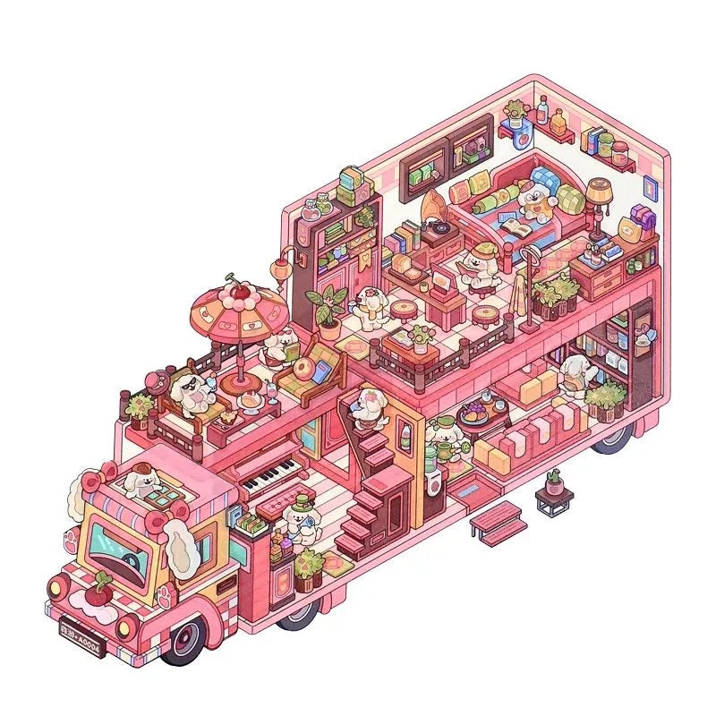 Cute Animal RV Small Size DIY 3D Scene Stickers 4 Cute Miniature Scenes