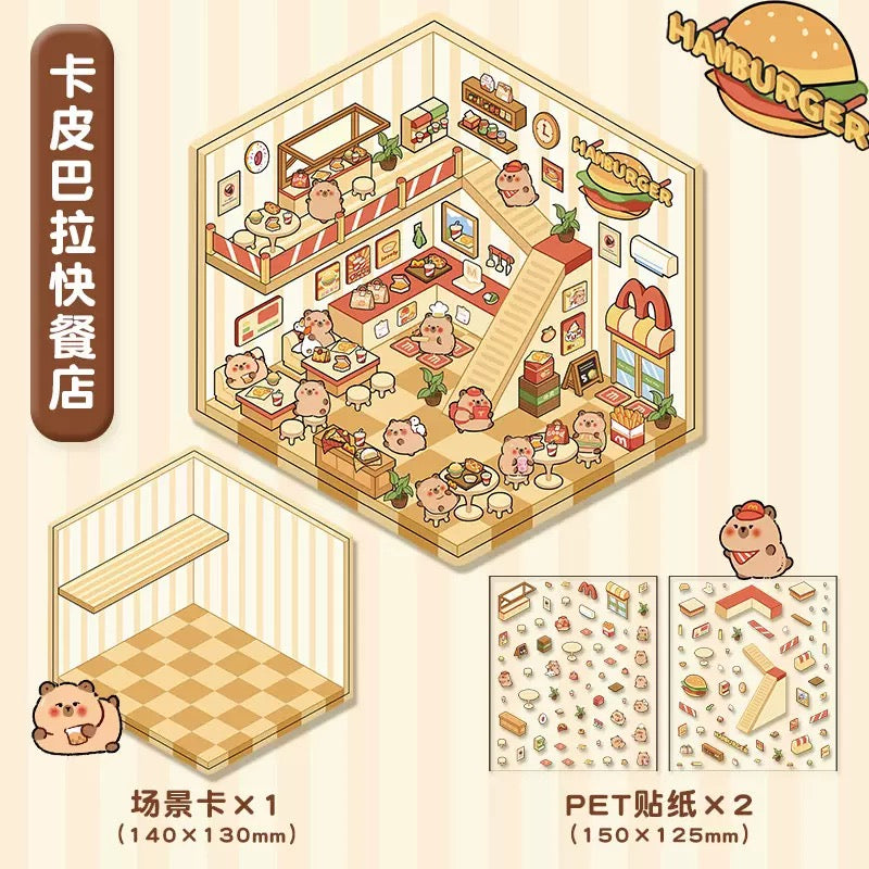 Cute Animal Theme Store Small Size DIY 3D Scene Stickers 4 Cute Miniature Scenes