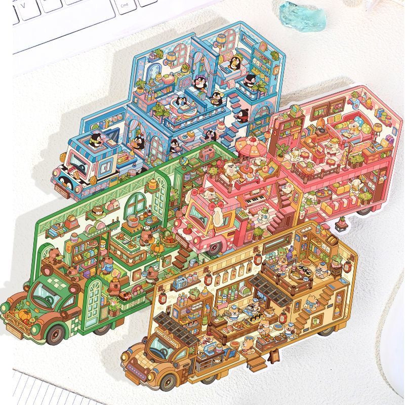 Cute Animal RV Small Size DIY 3D Scene Stickers 4 Cute Miniature Scenes