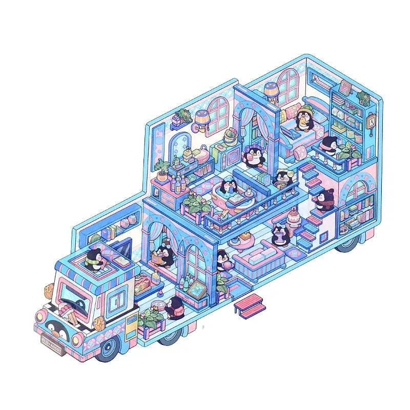 Cute Animal RV Small Size DIY 3D Scene Stickers 4 Cute Miniature Scenes