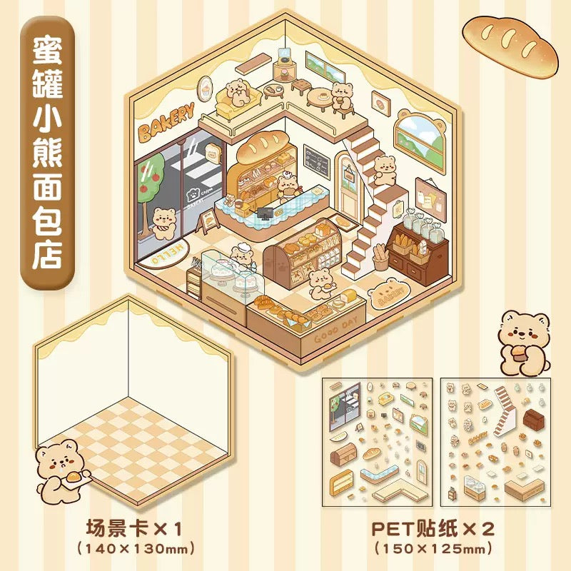 Cute Animal Theme Store Small Size DIY 3D Scene Stickers 4 Cute Miniature Scenes