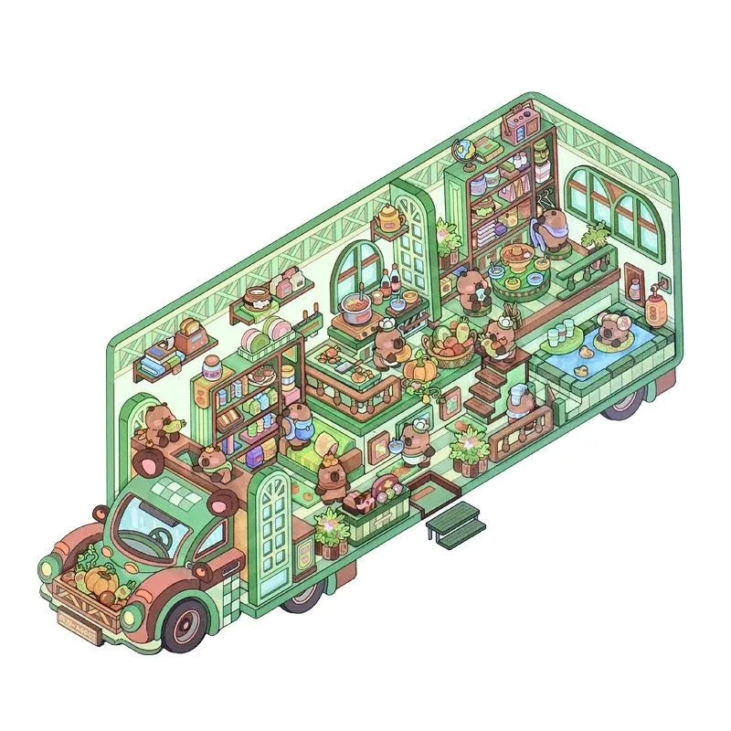 Cute Animal RV Small Size DIY 3D Scene Stickers 4 Cute Miniature Scenes