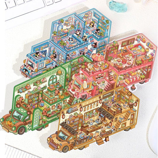 Cute Animal RV Small Size DIY 3D Scene Stickers 4 Cute Miniature Scenes